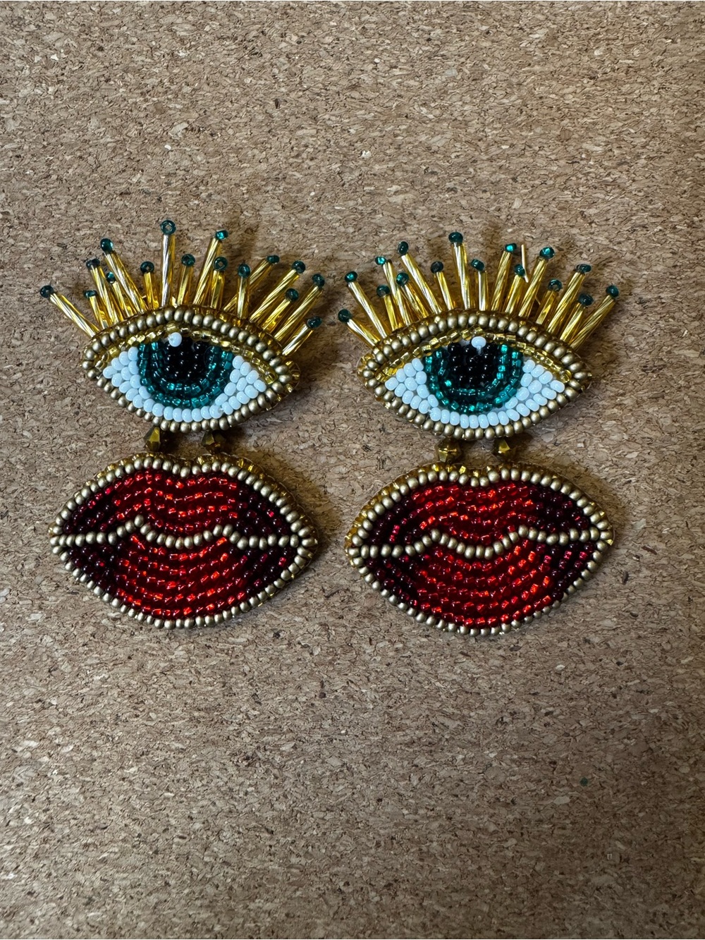 Beaded Eye and Red Lips Statement Earrings - Gold and Teal Accents